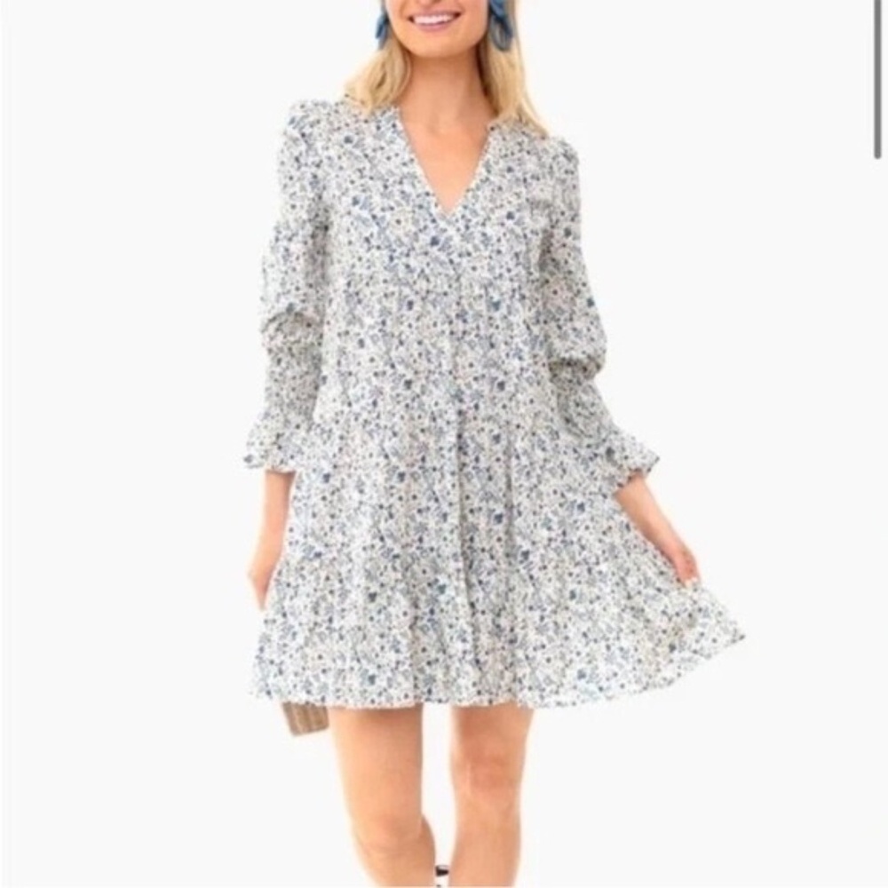 Tuckernuck Fleur Tiered Floral Kenzo Mini Dress Blue White 25106 - Picture 2 of 10